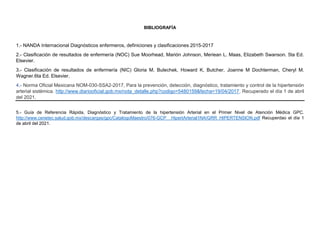 BIBLIOGRAFÍA
1.- NANDA Internacional Diagnósticos enfermeros, definiciones y clasificaciones 2015-2017
2.- Clasificación de resultados de enfermería (NOC) Sue Moorhead, Marión Johnson, Meriean L. Maas, Elizabeth Swanson. 5ta Ed.
Elsevier.
3.- Clasificación de resultados de enfermería (NIC) Gloria M. Bulechek, Howard K, Butcher, Joanne M Dochterman, Cheryl M.
Wagner.6ta Ed. Elsevier.
4.- Norma Oficial Mexicana NOM-030-SSA2-2017, Para la prevención, detección, diagnóstico, tratamiento y control de la hipertensión
arterial sistémica. http://www.diariooficial.gob.mx/nota_detalle.php?codigo=5480159&fecha=19/04/2017. Recuperado el día 1 de abril
del 2021.
5.- Guía de Referencia Rápida, Diagnóstico y Tratamiento de la hipertensión Arterial en el Primer Nivel de Atención Médica GPC.
http://www.cenetec.salud.gob.mx/descargas/gpc/CatalogoMaestro/076-GCP__HipertArterial1NA/GRR_HIPERTENSION.pdf Recuperdao el día 1
de abril del 2021.
 