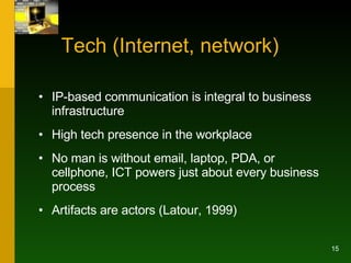 Tech (Internet, network) <ul><li>IP-based communication is integral to business infrastructure </li></ul><ul><li>High tech...
