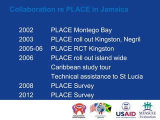 Collaboration re PLACE in Jamaica

  2002      PLACE Montego Bay
  2003      PLACE roll out Kingston, Negril
  2005-06   P...