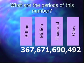What are the periods of this number? 367,671,690,492 Billion Million Thousand Ones 