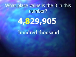 What place value is the 8 in this number? 4, 8 29,905 hundred thousand 