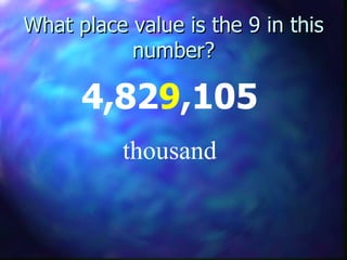 What place value is the 9 in this number? 4,82 9 ,105 thousand 