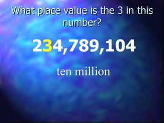 What place value is the 3 in this number? 2 3 4,789,104 ten million 