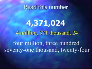 Read this number 4,371,024 four million, three hundred  seventy-one thousand, twenty-four 4 million, 371 thousand, 24 