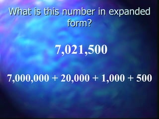 What is this number in expanded form? 7,021,500 7,000,000 + 20,000 + 1,000 + 500 