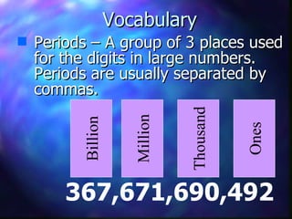 Vocabulary Periods – A group of 3 places used for the digits in large numbers.  Periods are usually separated by commas. 367,671,690,492 Billion Million Thousand Ones 