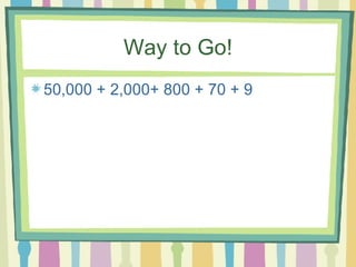 Way to Go! 50,000 + 2,000+ 800 + 70 + 9  