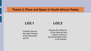 Critically discuss
the major themes
of the prescribed
poems.
Theme 2: Place and Space in South African Poetry
LO2.1
Discuss the influence
of the historical and
cultural context of
each prescribed poem
on its themes.
LO2.2
 