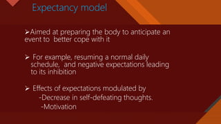 Click to edit Master title style
19
Expectancy model
Aimed at preparing the body to anticipate an
event to better cope with it
 For example, resuming a normal daily
schedule, and negative expectations leading
to its inhibition
 Effects of expectations modulated by
-Decrease in self-defeating thoughts.
-Motivation
 