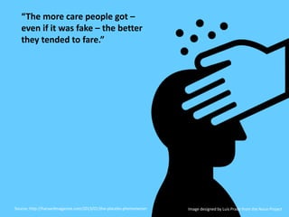 “The more care people got –
even if it was fake – the better
they tended to fare.”
Source: http://harvardmagazine.com/2013...