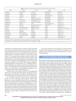 Daugherty et al




                                        Table 1. Examples of Recently Reported Placebo-Controlled Cancer Treatment Trials
          Agent                           Disease                         Setting                           Design                               Study
 Letrozole                          Breast cancer                Adjuvant                           Monotherapy                     Goss et al2
 Sipuleucel T                       Prostate                     Asx, HRPC                          Monotherapy                     Small et al3
 Celecoxib                          Prostate                     Increasing PSA                     Monotherapy                     Smith et al4
 Sorafenib                          Renal cell                   Metastatic                         Monotherapy-RDT                 Ratain et al5
 Sorafenib                          Renal cell                   Metastatic                         Monotherapy                     Escudier et al6
 Sunitinib                          GIST                         Metastatic second line             Monotherapy                     Demetri et al7
 Marimastat                         Breast cancer                Metastatic post ﬁrst line          Monotherapy                     Sparano et al8
 R115777                            Colon cancer                 Metastatic/refractory              Monotherapy                     Rao et al9
 Oregovomab                         Ovarian cancer               Remission consolidation            Monotherapy                     Berek et al10
 Atrasentan                         Prostate                     HRPC                               Monotherapy-phase II            Carducci et al11
 Marimastat                         Small cell                   Metastatic post ﬁrst line          Monotherapy                     Shepherd et al12
 Erlotinib                          Pancreas                     Metastatic ﬁrst line               Add on                          Moore et al13
 Erlotinib                          Non–small-cell lung          Metastatic ﬁrst line               Add on                          Gatzemeier et al14
 Geﬁtinib                           Non–small-cell lung          Metastatic ﬁrst line               Add on                          Giaccone et al,15 Herbst et al16
 Calcitriol                         Prostate                     HRPC                               Add on                          Beer et al17
 Isotretinoin                       Melanoma                     Adjuvant                           Add on                          Richtig et al18
 Cetuximab                          Head and neck                Metastatic                         Add on                          Burtness et al19
 BMS 275291                         Non–small-cell lung          Metastatic                         Add on                          Leighl et al20
 Prinomastat                        Non–small-cell lung          Metastatic                         Add on                          Bissett et al21
 Tipifarnib                         Pancreas                     Metastatic                         Add on                          Van Cutsem et al22
 Tamoxifen                          Breast                       Adjuvant                           Add on                          Fisher et al23

 NOTE. This table was developed by conducting a literature search of studies published in the Journal of Clinical Oncology over the past 5 years that included use
of a placebo. It is not meant to be inclusive of all placebo trials conducted in oncology.
 Abbreviations: HRPC, hormone-refractory prostate cancer; PSA, prostate-speciﬁc antigen; RDT, randomized discontinuation trial; GIST, gastrointestinal stromal tumor.




of placebos in cancer clinical trials. In an online survey of nearly 6,000                 This article examines the use of placebos in cancer treatment
cancer patients conducted by Harris Interactive in 2000, only 15% of                 trials from three perspectives, ethical, scientiﬁc and regulatory, and
those surveyed were aware of the option to participate in a clinical trial.          attempts to draw conclusions about their appropriate use in cancer
Notably, of those who chose not to participate in a clinical trial, 31%              drug development.
reported the fear of receiving a placebo as a major factor in their
decision.24 Some patient groups consider placebo-controlled trials
unethical once the safety of a promising new agent has been estab-                            THE ETHICS OF RANDOMIZED CONTROLLED TRIALS
lished and believe that marketing approval can be justiﬁably sought
even if the new agent has only completed phase I trials. This issue has              Randomized controlled trials are the gold standard of clinical research.
captured the attention of the United States Congress, resulting in                   They provide the best evidence for the safety and effectiveness of
proposed legislation to provide earlier access to investigational thera-             interventions. Clinical equipoise provides the most widely accepted
pies and to limit the use of placebo controls in the evaluation of new               ethical justiﬁcation for randomized controlled trials.28,29 Equipoise is
drugs.25 The United States Food and Drug Administration (FDA) also                   a state of uncertainty about which of two or more therapies is most safe
issued, in December 2006, new draft guidelines regarding access to                   and effective. Theoretical or individual equipoise refers to the situa-
promising new agents before marketing approval.26                                    tion in which involved individuals (eg, physicians) are uncertain about
                                                                                     the comparative safety and effectiveness of different interventions.
      Despite these concerns, placebo controls are increasingly being
                                                                                     Theoretical equipoise tends to be tremendously unstable. Any change
used in cancer treatment trials under speciﬁc circumstances. This is
                                                                                     in evidence, the success of one patient, or the adverse effects experi-
particularly the case when there is no effective standard treatment or
                                                                                     enced by another can shift the views of individual physicians or even
when the standard of care has little effectiveness or is excessively toxic.
                                                                                     patients. In 1987, Freedman28 argued that the proper ethical standard
      In an attempt to reduce the ethical concerns associated with                   for randomized trials should not be theoretical equipoise, but rather
placebo use, some trial designs permit patients whose disease                        clinical equipoise. He claimed that clinical research and medical prac-
progresses to become unblinded to the agent they are receiving and to                tice are societal activities. The point of clinical research is to convince
receive the active agent if they had been receiving placebo. Some trials             the community of physicians, not any individual physician, which
have incorporated designs and end points that might serve as surro-                  therapy is the safest and most effective. Thus clinical equipoise re-
gates for survival, thereby minimizing the time that patients are ex-                quires genuine uncertainty or disagreement about the relative merits
posed to placebo.27 However, these trial designs do not entirely resolve             of two or more therapies within the expert medical community. A
the signiﬁcant ethical dilemmas related to giving placebos to patients               randomized controlled trial is conducted to resolve this uncertainty.
with cancer. Also of concern is that such designs may ultimately fail to             Clinical equipoise entails two principles: there should be an honest
determine an agent’s effects on important clinical outcomes, such                    null hypothesis and participants should not receive a treatment infe-
as survival.                                                                         rior to what is otherwise available in clinical practice. Although any

1372                                                                                                                                      JOURNAL OF CLINICAL ONCOLOGY
                  Downloaded from jco.ascopubs.org on July 25, 2012. For personal use only. No other uses without permission.
                                 Copyright © 2008 American Society of Clinical Oncology. All rights reserved.
 