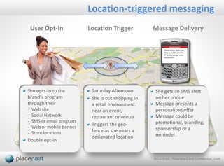 Location-triggered messaging
    User Opt-In            Location Trigger          Message Delivery




She opts-in to the          Saturday Afternoon        She gets an SMS alert
brand’s program             She is out shopping in    on her phone
through their               a retail environment,     Message presents a
–   Web site                near an event,            personalized offer
–   Social Network          restaurant or venue       Message could be
–   SMS or email program                              promotional, branding,
–   Web or mobile banner
                            Triggers the geo-
                            fence as she nears a      sponsorship or a
–   Store locations                                   reminder.
                            designated location
Double opt-in


                                                     © 1020 Inc., Proprietary and Confidential, 2009
 