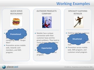 Working Examples
     QUICK SERVE            OUTDOOR PRODUCTS                     SPECIALTY CLOTHING
     RESTAURANT                 COMPANY                               RETAILER




QSR views ShopAlerts as     Retailer has a unique               Clothing retailer’s audience
     Promotional
having tremendous           connection with their               has short attention spans
promotional potential for   customer base and the               and are “heavy texters”.
                                                                       Situational
competing in the “Burger    great outdoors. They look to        They want to reach them in
Wars”                       reach them at their passion         their favorite hang out – the
Promotion across mobile     points while hiking, biking,        mall.
web, rewards card           and skiing.
                                  Experiential                  Promotion across mobile
members, and SMS            Promotion across mobile             web, SMS program, and
program.                    web, and customer email             customer email program.
                            program.




                                                           © 1020 Inc., Proprietary and Confidential, 2009
 
