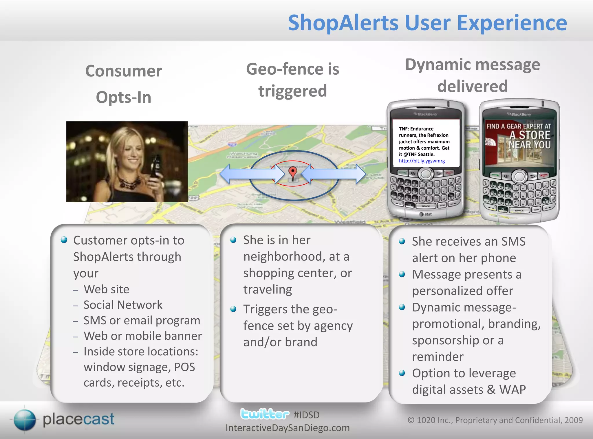 ShopAlerts User Experience
    Consumer                      Geo-fence is                 Dynamic message
                                   triggered                      delivered
     Opts-In
                                                           w
                                                           TNF: Endurance
                                                           runners, the Refraxion
                                                           jacket offers maximum
                                                           motion & comfort. Get
                                                           it @TNF Seattle.
                                                           http://bit.ly.ygswmrg




Customer opts-in to              She is in her                  She receives an SMS
ShopAlerts through               neighborhood, at a             alert on her phone
your                             shopping center, or            Message presents a
–   Web site                     traveling                      personalized offer
–   Social Network               Triggers the geo-              Dynamic message-
–   SMS or email program         fence set by agency            promotional, branding,
–   Web or mobile banner         and/or brand                   sponsorship or a
–   Inside store locations:                                     reminder
    window signage, POS                                         Option to leverage
    cards, receipts, etc.
                                                                digital assets & WAP
                                             #IDSD             © 1020 Inc., Proprietary and Confidential, 2009
                              InteractiveDaySanDiego.com
 