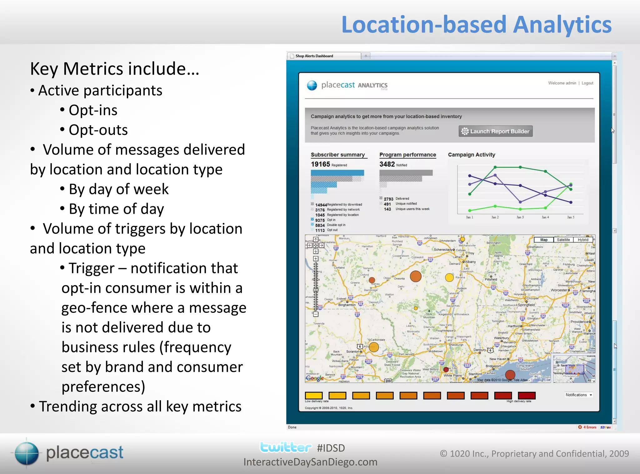 Location-based Analytics
Key Metrics include…
• Active participants
     • Opt-ins
     • Opt-outs
• Volume of messages delivered
by location and location type
     • By day of week
     • By time of day
• Volume of triggers by location
and location type
     • Trigger – notification that
     opt-in consumer is within a
     geo-fence where a message
     is not delivered due to
     business rules (frequency
     set by brand and consumer
     preferences)
• Trending across all key metrics

                                                #IDSD         © 1020 Inc., Proprietary and Confidential, 2009
                                 InteractiveDaySanDiego.com
 