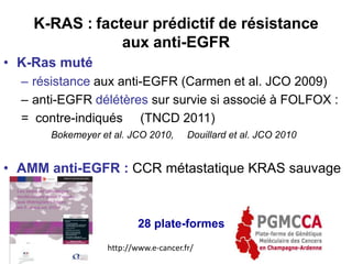 K-RAS : facteur prédictif de résistance
                aux anti-EGFR
• K-Ras muté
  – résistance aux anti-EGFR (Carmen et al. JCO 2009)
  – anti-EGFR délétères sur survie si associé à FOLFOX :
  = contre-indiqués (TNCD 2011)
       Bokemeyer et al. JCO 2010,      Douillard et al. JCO 2010


• AMM anti-EGFR : CCR métastatique KRAS sauvage



                          28 plate-formes
                  http://www.e-cancer.fr/
 