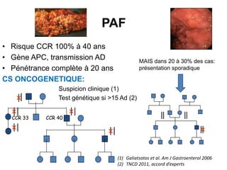 PAF
• Risque CCR 100% à 40 ans
• Gène APC, transmission AD                   MAIS dans 20 à 30% des cas:
• Pénétrance complète à 20 ans                présentation sporadique

CS ONCOGENETIQUE:
               Suspicion clinique (1)
               Test génétique si >15 Ad (2)


  CCR 33   CCR 40




                                    (1) Galiatsatos et al. Am J Gastroenterol 2006
                                    (2) TNCD 2011, accord d’experts
 
