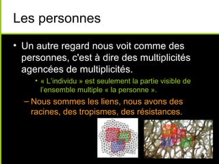 Les personnes
• Un autre regard nous voit comme des
  personnes, c'est à dire des multiplicités
  agencées de multiplicités.
     • « L’individu » est seulement la partie visible de
       l’ensemble multiple « la personne ».
  – Nous sommes les liens, nous avons des
    racines, des tropismes, des résistances.
 