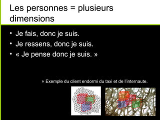 Les personnes = plusieurs
dimensions
• Je fais, donc je suis.
• Je ressens, donc je suis.
• « Je pense donc je suis. »


          » Exemple du client endormi du taxi et de l’internaute.
 