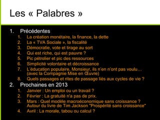 Les « Palabres »
1.    Précédentes
     1.   La création monétaire, la finance, la dette
     2.   La « TVA Sociale », la fiscalité
     3.   Démocratie, vote et tirage au sort
     4.   Qui est riche, qui est pauvre ?
     5.   Pic pétrolier et pic des ressources
     6.   Simplicité volontaire et décroissance
     7.   L’éducation populaire, Monsieur, ils n’en n’ont pas voulu…
          (avec la Compagnie Mise en Œuvre)
     8.   Quels passages et rites de passage liés aux cycles de vie ?
2.    Prochaines en 2013
     1.   Janvier : Un emploi ou un travail ?
     2.   Février : La gratuité n'a pas de prix.
     3.   Mars : Quel modèle macroéconomique sans croissance ?
          Autour du livre de Tim Jackson "Prospérité sans croissance"
     4.   Avril : La morale, tabou ou calcul ?
 