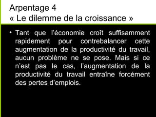 Arpentage 4
« Le dilemme de la croissance »
• Tant que l’économie croît suffisamment
  rapidement pour contrebalancer cette
  augmentation de la productivité du travail,
  aucun problème ne se pose. Mais si ce
  n’est pas le cas, l’augmentation de la
  productivité du travail entraîne forcément
  des pertes d’emplois.
 