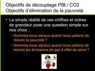 Objectifs de découplage PIB / CO2
Objectifs d’élimination de la pauvreté
• La simple réalité de ces chiffres et ordres
  de grandeur pose une question simple sur
  nos choix :
  – Sommes-nous sérieux quand nous parlons de
    réduire la pauvreté ?
  – Sommes-nous sérieux quand nous parlons de
    réduire les émissions de gaz à effet de serre ?
 