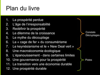 Plan du livre
1.    La prospérité perdue
2.    L’âge de l’irresponsabilité
3.    Redéfinir la prospérité
4.    Le dilemme de la croissance                 Constats
                                                  Décryptages
5.    Le mythe du découplage
6.    La « cage de fer » du consumérisme
7.    Le keynésianisme et le « New Deal vert »
8.    Une macroéconomie écologique
9.    L’épanouissement - dans certaines limites
10.   Une gouvernance pour la prospérité          Pistes
11.   La transition vers une économie durable
12.   Une prospérité durable
 