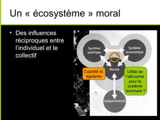 Un « écosystème » moral
• Des influences
  réciproques entre
  l’individuel et le
  collectif

                       Cupidité et    Utilité de
                        égoïsme      l’altruisme
                                        pour le
                                       système
                                     dominant ?
 