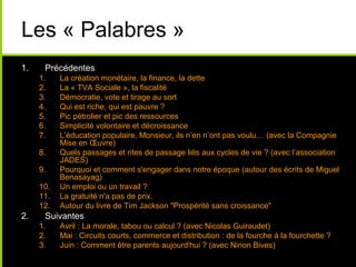 Les « Palabres »
1.    Précédentes
     1.    La création monétaire, la finance, la dette
     2.    La « TVA Sociale », la fiscalité
     3.    Démocratie, vote et tirage au sort
     4.    Qui est riche, qui est pauvre ?
     5.    Pic pétrolier et pic des ressources
     6.    Simplicité volontaire et décroissance
     7.    L’éducation populaire, Monsieur, ils n’en n’ont pas voulu… (avec la Compagnie
           Mise en Œuvre)
     8.    Quels passages et rites de passage liés aux cycles de vie ? (avec l’association
           JADES)
     9.    Pourquoi et comment s'engager dans notre époque (autour des écrits de Miguel
           Benasayag)
     10.   Un emploi ou un travail ?
     11.   La gratuité n'a pas de prix.
     12.   Autour du livre de Tim Jackson "Prospérité sans croissance"
2.    Suivantes
     1.    Avril : La morale, tabou ou calcul ? (avec Nicolas Guiraudet)
     2.    Mai : Circuits courts, commerce et distribution : de la fourche à la fourchette ?
     3.    Juin : Comment être parents aujourd'hui ? (avec Ninon Bives)
 