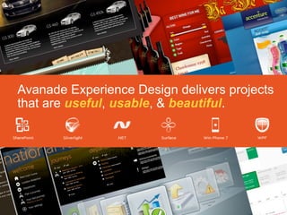 Avanade Experience Design delivers projects
that are useful, usable, & beautiful.
  Multinational Insurance Company Intranet
 BPOS Sharepoint 2007 to Sharepoint 2010
 Focus on brand consistency
                                                       2




                             © Copyright 2010 Avanade Inc. All Rights Reserved.

                                                                                  1
 