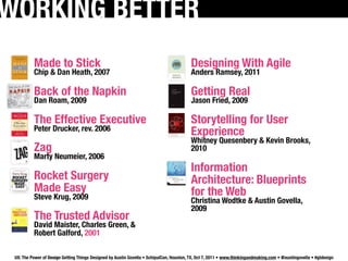 WORKING BETTER
          Made to Stick                                                                   Designing With Agile
          Chip & Dan Heath, 2007                                                          Anders Ramsey, 2011

          Back of the Napkin                                                              Getting Real
          Dan Roam, 2009                                                                  Jason Fried, 2009

          The Effective Executive                                                         Storytelling for User
          Peter Drucker, rev. 2006                                                        Experience
                                                                                          Whitney Quesenbery & Kevin Brooks,
          Zag                                                                             2010
          Marty Neumeier, 2006
                                                                                          Information
          Rocket Surgery                                                                  Architecture: Blueprints
          Made Easy                                                                       for the Web
          Steve Krug, 2009                                                                Christina Wodtke & Austin Govella,
                                                                                          2009
          The Trusted Advisor
          David Maister, Charles Green, &
          Robert Galford, 2001

 UX: The Power of Design Getting Things Designed by Austin Govella • SchipulCon, Houston, TX, Oct 7, 2011 • www.thinkingandmaking.com • @austingovella • #gtdesign
 