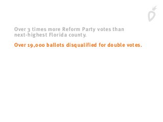 Over 3 times more Reform Party votes than
next-highest Florida county.
Over 19,000 ballots disqualified for double votes.
 