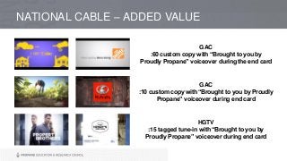 NATIONAL CABLE – ADDED VALUE
GAC
:60 custom copy with “Brought to you by
Proudly Propane” voiceover during the end card
GAC
:10 custom copy with “Brought to you by Proudly
Propane” voiceover during end card
HGTV
:15 tagged tune-in with “Brought to you by
Proudly Propane” voiceover during end card
 