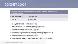 DOCKET 20905
• 3.5 year project (time sensitive)
• Maximum PERC contribution: $6,083,162
• Cummins contribution: $6,083,162
• Seeking Department of Energy funding (April 2017)
• Development and demonstration
• Suitable for bobtail and other class 6-7 applications
High Efficiency, High Performance, Ultra-Low NOx Medium Duty
Propane Engine
Primary Contractor Cummins, Inc.
Amount $1,000,000
 
