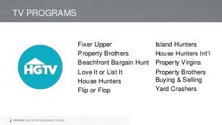 TV PROGRAMS
Fixer Upper
Property Brothers
Beachfront Bargain Hunt
Love It or List It
House Hunters
Flip or Flop
Island Hunters
House Hunters Int’l
Property Virgins
Property Brothers
Buying & Selling
Yard Crashers
 