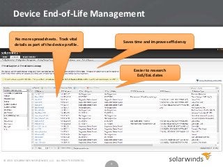 Device End-of-Life Management
No more spreadsheets. Track vital
details as part of the device profile.

Saves time and improves efficiency

Easier to research
EoS/EoL dates

» Use Cases

© 2013 SOLARWINDS WORLDWIDE, LLC. ALL RIGHTS RESERVED.

9

 