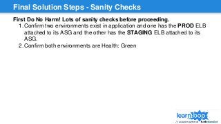 Final Solution Steps - Sanity Checks
First Do No Harm! Lots of sanity checks before proceeding.
1. Confirm two environments exist in application and one has the PROD ELB
attached to its ASG and the other has the STAGING ELB attached to its
ASG.
2. Confirm both environments are Health: Green
 