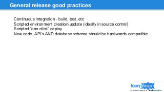 General release good practices
Continuous integration - build, test, etc
Scripted environment creation/update (ideally in source control)
Scripted “one-click” deploy
New code, API’s AND database schema should be backwards compatible
 
