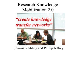 Research Knowledge Mobilization 2.0 Shawna Reibling and Phillip Jeffrey “ create knowledge  transfer networks” 