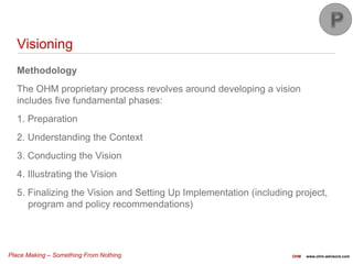 Place Making – Something From Nothing OHM www.ohm-advisors.com
Visioning
Methodology
The OHM proprietary process revolves around developing a vision
includes five fundamental phases:
1. Preparation
2. Understanding the Context
3. Conducting the Vision
4. Illustrating the Vision
5. Finalizing the Vision and Setting Up Implementation (including project,
program and policy recommendations)
 