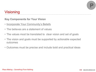 Place Making – Something From Nothing OHM www.ohm-advisors.com
Visioning
Key Components for Your Vision
• Incorporate Your Community’s Beliefs
• The believes are a statement of values
• The values most be translated to clear vision and set of goals
• The vision and goals must be supported by actionable expected
outcomes
• Outcomes must be precise and include bold and practical ideas
 