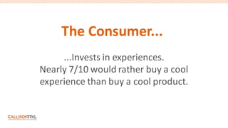The Consumer...
...Invests in experiences.
Nearly 7/10 would rather buy a cool
experience than buy a cool product.
 