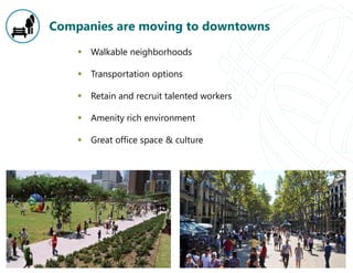 Companies are moving to downtowns
 Walkable neighborhoods
 Transportation options
 Retain and recruit talented workers
 Amenity rich environment
 Great office space & culture
 