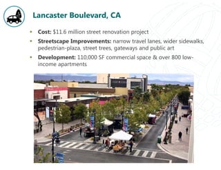 Lancaster Boulevard, CA
 Cost: $11.6 million street renovation project
 Streetscape Improvements: narrow travel lanes, wider sidewalks,
pedestrian-plaza, street trees, gateways and public art
 Development: 110,000 SF commercial space & over 800 low-
income apartments
 