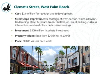Clematis Street, West Palm Beach
 Cost: $1.8 million for redesign and redevelopment
 Streetscape Improvements: redesign of cross section, wider sidewalks,
landscaping, street furniture, transit shelters, on-street parking, curbless
intersections and mid-block pedestrian crossings
 Investment: $500 million in private investment
 Property values: risen from $20/SF to +$100/SF
 Place: 80,000 visitors each week
 