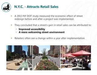 N.Y.C. - Attracts Retail Sales
 A 2013 NY DOT study measured the economic effect of street
redesign before and after a project was implemented.
 They concluded that a street’s gain in retail sales can be attributed to:
• Improved accessibility
• A more welcoming street environment
 Retailers often see a change within a year after implementation.
 