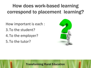 How does work-based learning correspond to placement  learning? How important is each : To the student? To the employer? To the tutor? 