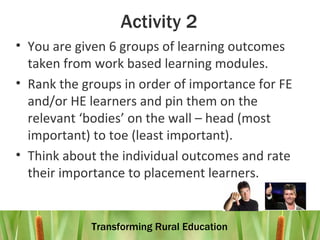 Activity 2 You are given 6 groups of learning outcomes taken from work based learning modules. Rank the groups in order of importance for FE and/or HE learners and pin them on the relevant ‘bodies’ on the wall – head (most important) to toe (least important). Think about the individual outcomes and rate their importance to placement learners. 