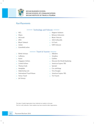 SKYLINE BUSINESS SCHOOL
                         SKYLINE SCHOOL OF COMMUNICATIONS
                         SKYLINE INSTITUTE OF TRAVEL & TOURISM




      Past Placements


                                       Technology and Telecom
          HCL                                                               Magnon Solutions
          Wipro                                                             Reliance Infocomm
          Microsoft                                                         Bharti Telecom
          SPSS                                                              ADA Cellworlds
          Bharti Teletech                                                   US Tech
          Amtier                                                            VRITI Infocom
          Greenﬁeld online

                                             Travel & Tourism
          British Airways                                                   eBookers
          Lufthansa                                                         Amadeus
          Kuoni                                                             Gallileo
          Singapore Airlines                                                Discover the World Marketing
          United Airlines                                                   American Express TRS
          Thomas Cook                                                       Spicejet
          Interglobe                                                        Cox and Kings
          Makemytrip.com                                                    Viva Voyages
          International Travel House                                        American Express TRS
          Versys Travel                                                     TUI Travels
          Jet Airways




      The above A grade organisations have inducted our students in the past.
      The list is only indicative. Some students may have moved to other organisations.




22   Placement Brochure 2010
 