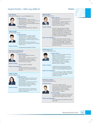 Student Proﬁles : MBA Aug 2008-10                                                                                        Finance


Ajay Sharma                                                        Ankur Keshari
ajaysharma1163@yahoo.in, ajayshrm96@gmail.com                      ankurkeshri@gmail.com
                                                                                    Academic Record :
                 Academic Record :
                                                                                    • B.Sc. (Biotechnology& Chemistry) with
                 •  B.Com (Pass) from Delhi University
                                                                                      second division
                 •  Pursuing M.B.A. (Finance) from SMU at
                                                                                    • Pursuing M.B.A. (Finance) from SMU at
                    Skyline Business School, Gurgaon
                                                                                      Skyline Business School, Gurgaon
                 •  Pursuing PGP (Finance) from Skyline Business
                                                                                    • Pursuing PGP (Finance) from Skyline
                    School, Gurgaon
                                                                                      Business School, Gurgaon
                 Summer Training :
                                                                   Summer Training :
                 • RayBan Sun Optics India Ltd., Bhiwadi
                                                                                    •   Worked in Ing Vysya Bank, Neelam
                                                                                        Chowk, Faridabad Branch as Junior
                                                                                        Relationship Manager to study ‘Working
Aniket Pundir                                                                           Capital & Relationship Management’ &
pundir0022@gmail.com                                                                    achieved a target of 67 out of 80 clients
                Academic Record :                                                       feedback of manufacturing units located in
                •  Graduation from Himachal Pradesh                                     the industrial belt of Faridabad
                   University at P. G. College, Nahan              Projects and Assignments :
                •  Pursuing M.B.A. (Finance) from SMU at                             • Worked with GMR and DIAL at Indira
                   Skyline Business School, Gurgaon [70% up                            Gandhi International Airport for conducting
                   to IInd Sem.]                                                       a survey for the passenger’s satisfaction
                •  Pursuing PGP (Finance) from Skyline                               • Worked with Royal Bank of Scotland for
                •  Business School, Gurgaon [CGPA 3.39/4 up                            promoting the bank and building new and
                   to IInd Sem.]                                                       potential customers
Summer Training :
                •  Sai Engineering Foundation, Shimla

                                                                   Ashish Kumar Lal
Ankit Kumar Khandelwal                                             ashish.1092@rediffmail.com
ankit_cool4you@yahoo.co.in
                                                                                    Academic Record :
                 Academic Record :                                                  • B.Com. from Guru Ghasidas University,
                 •  B.Com from Rajasthan University,                                  Bilaspur with ﬁrst division
                    Jaipur in 2007                                                  • M.Com from Guru Ghasidas University,
                 •  Pursuing M.B.A. (Finance) from SMU at                             Bilaspur with ﬁrst division
                    Skyline Business School, Gurgaon                                • Pursuing M.B.A. (Finance) from SMU at
                 •  Pursuing PGP (Finance) from Skyline                               Skyline Business School, Gurgaon
                    Business School, Gurgaon                                        • Pursuing PGP (Finance) from Skyline
Summer Training :                                                                     Business School, Gurgaon
                 •   ING Vysya Bank, Faridabad.                    Summer Training :
Projects and Assignments :                                                          •   Underwent training in Ing Vysya Bank,
                  • Worked with GMR on a live project                                   Neelam chowk, Faridabad Branch on the
                    for airport survey to study time motion                             project of ‘Working Capital Management’
                    Business                                       Projects and Assignments :
                                                                                     • 3 days Live Project with ABN AMRO Bank
                                                                                       in association with Royal Bank of Scotland
Ankita Avasthy                                                                       • 10 days Live Project with GMR
avasthyvns@gmail.com
                                                                                       International Airport
                 Academic Record :
                 •  B.Sc (Biotechnology & Chemistry) from
                    Purvanchal University, Varanasi with           Ashwani K. Maurya
                    second division                                maurya2009@rediffmail.com
                 •  Pursuing M.B.A. (Finance) from SMU at
                    Skyline Business School, Gurgaon               Academic Record :
                 •  Pursuing PGP (Finance) from Skyline                             •   B.Com from VBS Purvanchal
                    Business School, Gurgaon                                            University , Jaunpur with second division
Summer Training :                                                                   •   Pursuing M.B.A. (Finance) from SMU at
                 •   Underwent training in Union Bank of                                Skyline Business School, Gurgaon
                     India, Varanasi on the project of “Tech                        •   Pursuing PGP (Finance) from Skyline
                     Products of Banking”                                               Business School, Gurgaon
                                                                                    Summer Training :
                                                                                    • Training in Reliance Money for two months
                                                                                      to understand the comparison of Reliance
                                                                                      Mutual Fund with Other Mutual Funds
                                                                   Projects and Assignments :
                                                                                     • Three days project with GMR at IGI Airport,
                                                                                       New Delhi




                                                                                                             Placement Brochure 2010   47
 